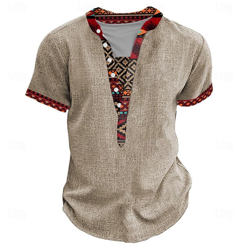 Men's Tribal Bandana Print T Shirt Henley Shirt Short Sleeve 3D Print Designer Ethnic Vacation Casual Daily Summer Spring Heather Gray Khaki Black Gray Henley Henley T-Shirt