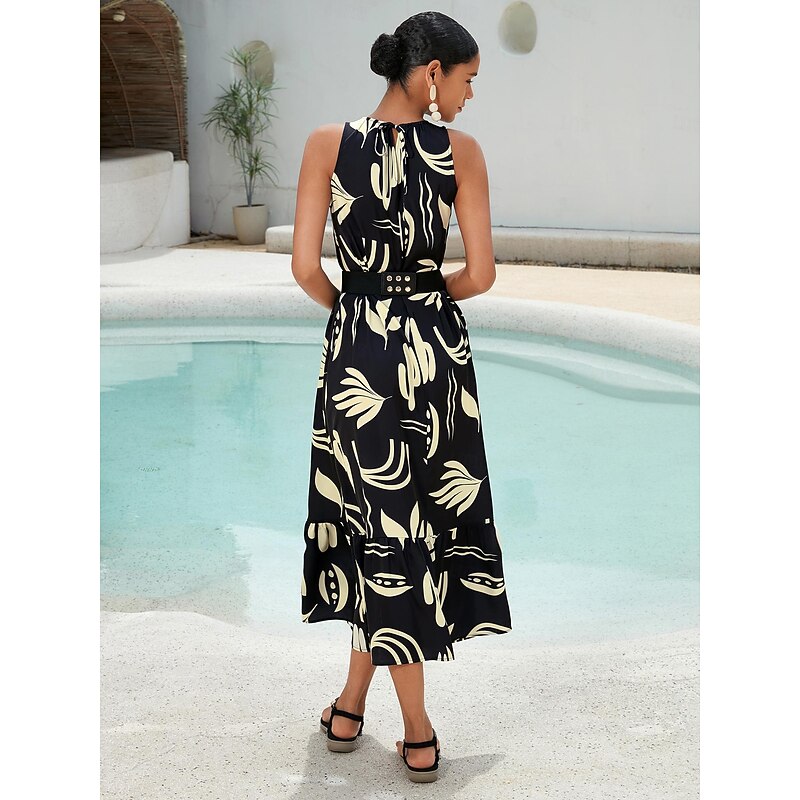 Satin Leaves Sleeveless Maxi Dress (No Belt)2