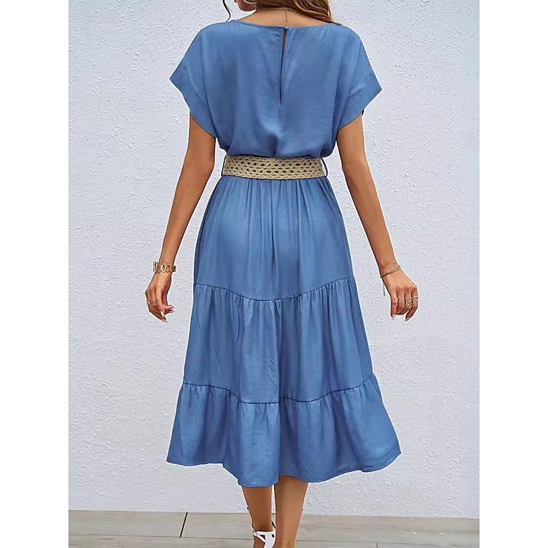Women's Casual Dress Midi Dress Imitation Denim Ruched Casual Crew Neck Short Sleeve Blue Color Without Belt2