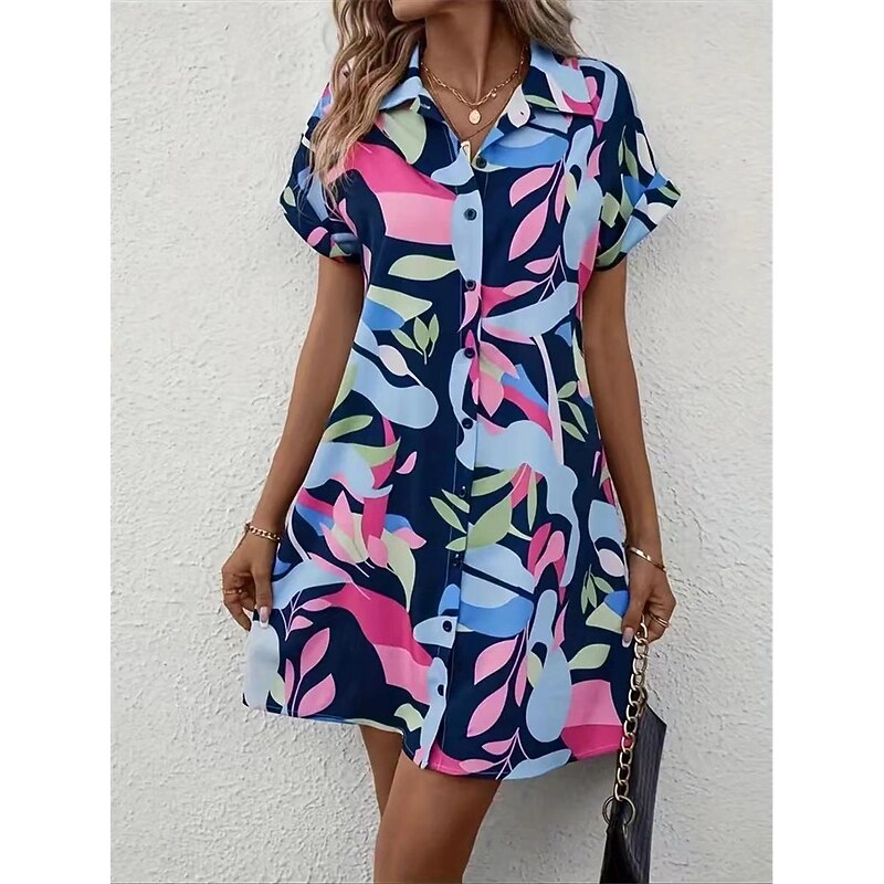 Women's Shirt Dress Casual Dress Mini Dress Date Vacation Modern Casual Shirt Collar Button Print Short Sleeve Summer Spring Loose Fit Floral Leaf2