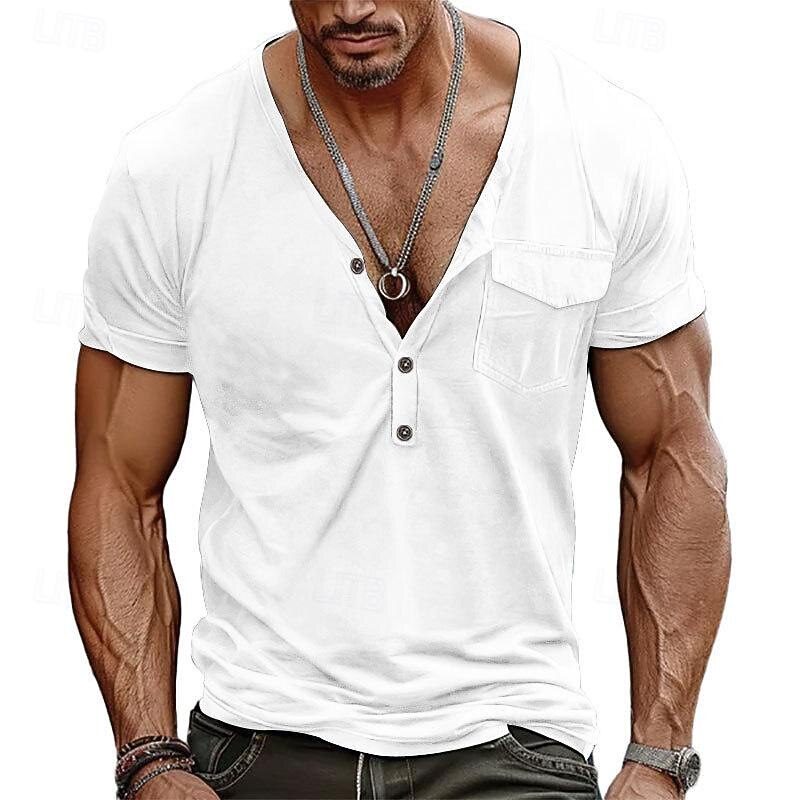 Men's T Shirt Tee Short Sleeve Shirt Tee Top Short Sleeve V Neck Spring & Summer Plain Fashion Designer Basic Pocket Vacation Street Going out Black White Blue Top Tee for Men4