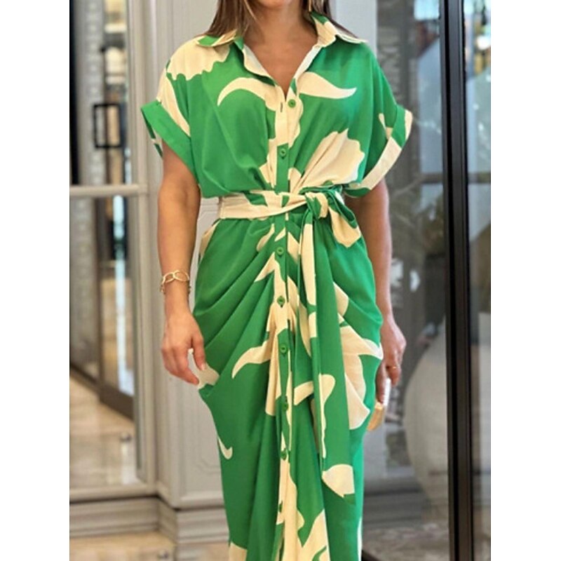 Women's T Shirt Dress Summer Dress Print Dress Floral Leaf Ruched Button Shirt Collar Long Dress Maxi Dress Elegant Fashion Work Daily Short Sleeve Regular Fit Yellow Pink Red Summer Spring S M L XL2