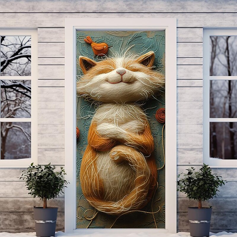 Cute Fur Cat Door Covers Mural Decor Door Tapestry Door Curtain Decoration Backdrop Door Banner Removable for Front Door Indoor Outdoor Home Room Decoration Farmhouse Decor Supplies4