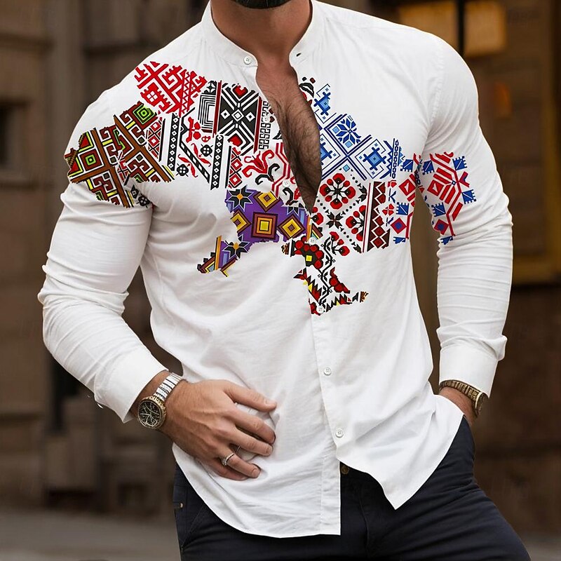 Men's Shirt Button Up Shirt Long Sleeve Vintage Casual Vacation Daily Summer Spring Grandad Collar Band Collar 3D Print White - Main Image