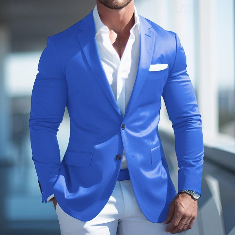 Men's Graduation Blazer Cocktail Attire Business Formal Evening Wedding Party Fashion Casual Spring &  Fall Polyester Plain Pocket Casual / Daily Single Breasted Blazer Pink Blue Dark Blue2
