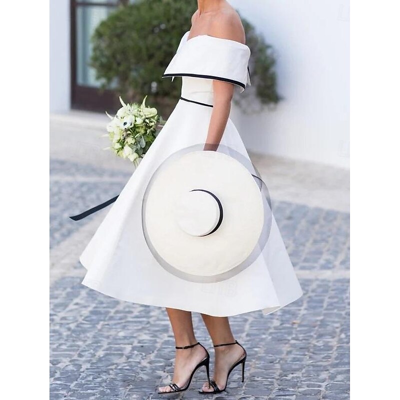 Wedding Dresses A-Line Off Shoulder Short Sleeve Tea Length Stretch Fabric Bridal Gowns With Solid Color2