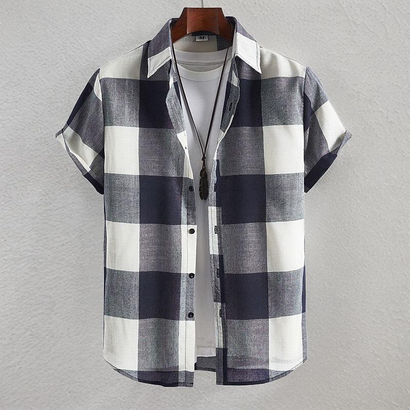 Men's Shirt Summer Shirt Casual Shirt Beach Shirt Button Up Shirt Checked Shirts Navy Blue Short Sleeve Plaid Turndown Vacation Hawaiian Clothing Apparel Polyester Fashion Casual Comfortable