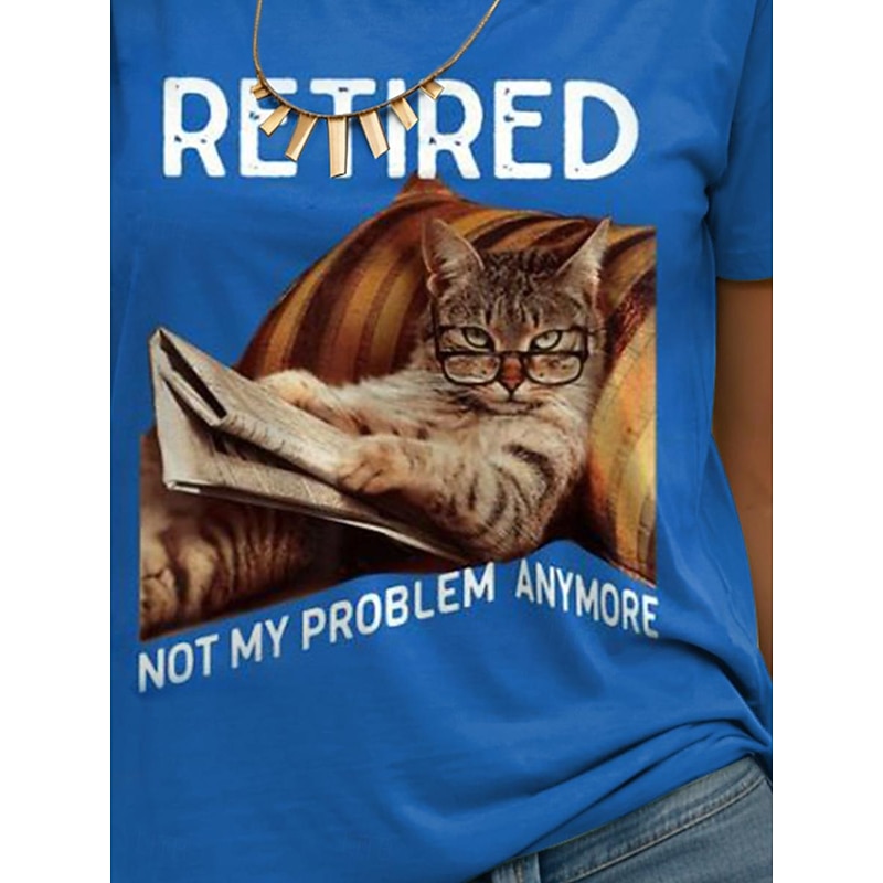 Women's T Shirt Cat Letter Funny Short Sleeve Crew Neck Regular Tops Daily Blue Summer RETIRED3