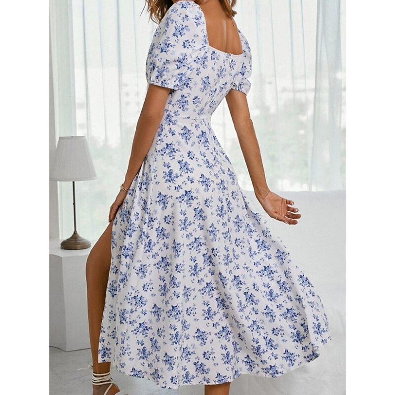 Women's Casual Dress Swing Dress Floral Split Print Square Neck Midi Dress Stylish Casual Daily Date Short Sleeve Summer2
