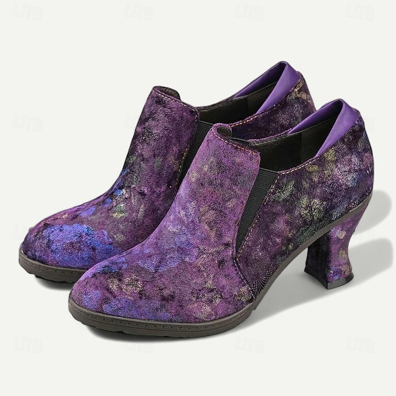 Women's Floral Suede Heeled Ankle Booties – Elegant Vintage Style Slip-On Shoes for Evening Events and Parties2