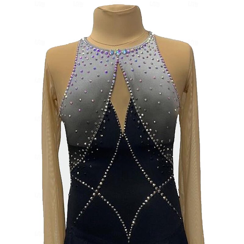 Figure Skating Dress Women's Girls' Ice Skating Dress Black Patchwork Thumbhole Mesh Spandex Stretchy Training Practice Professional Skating Wear Crystal / Rhinestone Long Sleeve Ice Skating Figure3
