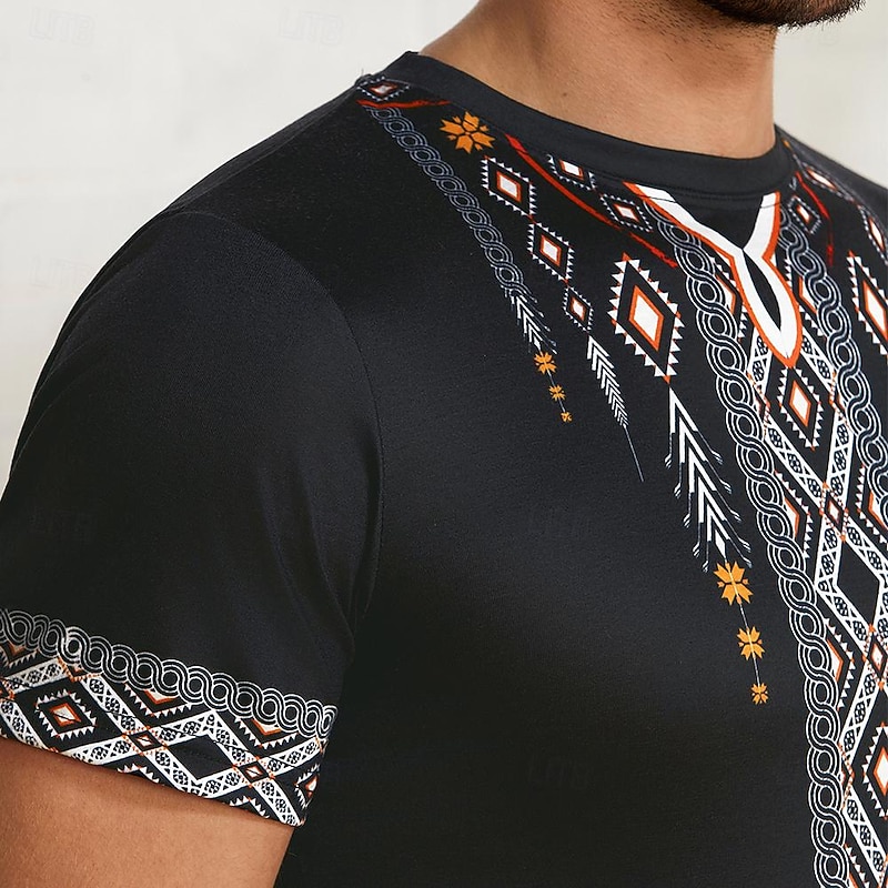 Men's Graphic Color Block Argyle T Shirt Short Sleeve T shirt 3D Print Crew Neck Shirt Fashion Designer Ethnic Outdoor Daily Sports Black & Yellow Black White Spring & Summer Clothing Apparel S M L2