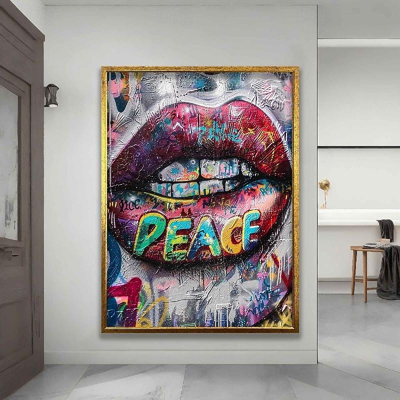 Graffiti art oil painting handmade lip canvas with peace writing lip art hand painted graffiti art street art painting wall art oil painting handmade famous oil painting2