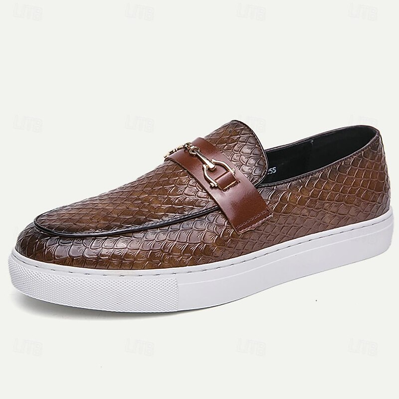 Men's Leather Slip-On Loafers - Stylish Embossed Dress Shoes with Metal Bit2