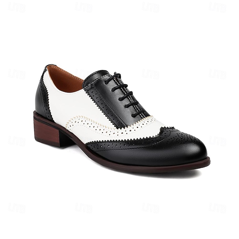 Women's Black White Wingtip Oxfords, Two - Tone Brogue Dress Shoes with Low Heel for Stylish Versatile Wear2