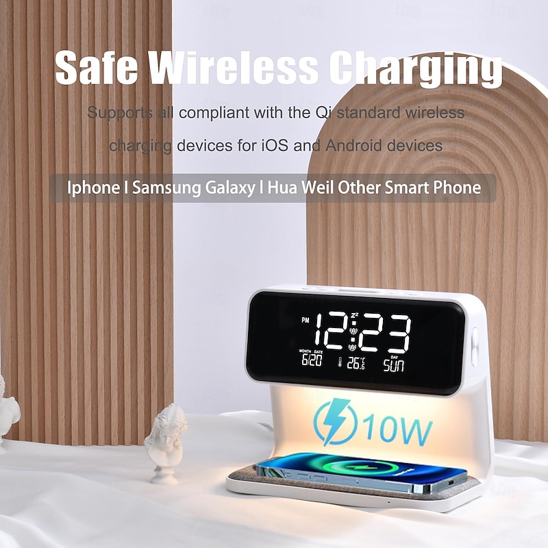 Alarm Clock with Wireless Charging Bedside Touch Lamp Alarm Clocks Bedrooms Night Light Dimmable LED Display Fast Wireless Charger Station with Room Thermometer Indoor3