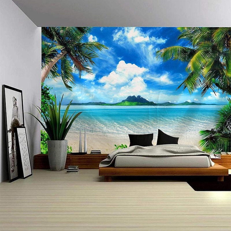 Sunshine Beach Landscape Hanging Tapestry Wall Art Large Tapestry Mural Decor Photograph Backdrop Blanket Curtain Home Bedroom Living Room Decoration