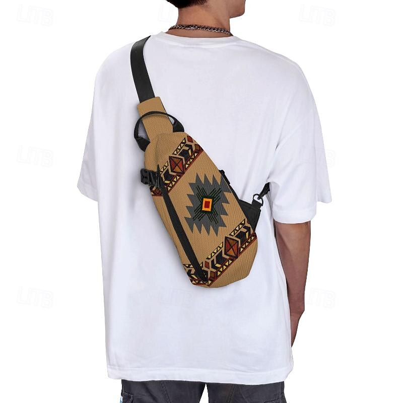 Men's Crossbody Bag Shoulder Bag Chest Bag Polyester Outdoor Daily Holiday Zipper Print Large Capacity Lightweight Multi Carry National Totem Earth Yellow Grey3