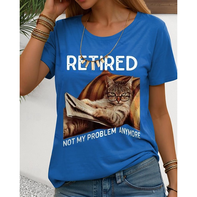 Women's T Shirt Cat Letter Funny Short Sleeve Crew Neck Regular Tops Daily Blue Summer RETIRED