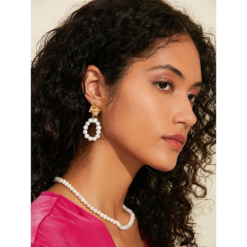 Women's Drop Earrings Gold Brass Pearl Elegant Active2