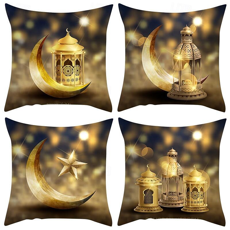 Ramadan Eid Mubarak Decorative Toss Pillows Cover 1PC Soft Square Cushion Case Pillowcase for Bedroom Livingroom Sofa Couch Chair Gold