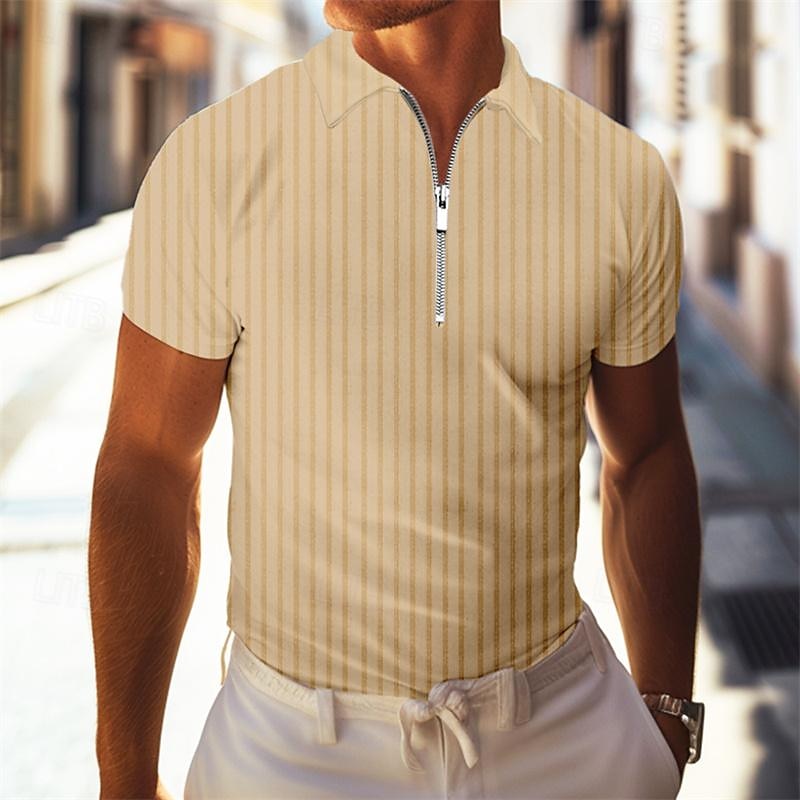 Men's Quarter Zip Polo Golf Shirt Daily Holiday Turndown Short Sleeve Fashion Basic Stripes Spring & Summer Regular Fit Red Khaki Light Sky Blue Gray Quarter Zip Polo2