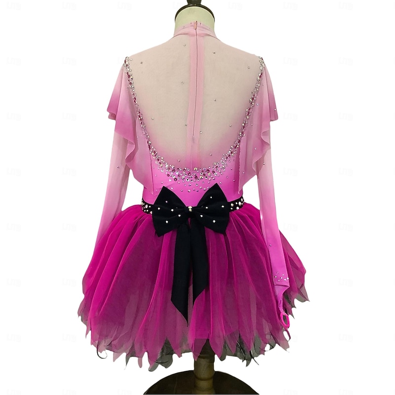 Figure Skating Dress Women's Girls' Ice Skating Dress Dark Pink Thumbhole Halo Dyeing Mesh Spandex Stretchy Training Practice Professional Skating Wear Thermal Warm Classic Crystal / Rhinestone Long2