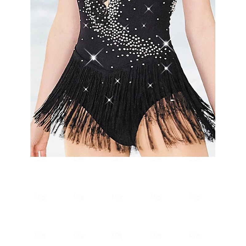 Figure Skating Dress Women's Girls' Ice Skating Dress Black Patchwork Tassel Mesh Spandex Stretchy Training Practice Professional Skating Wear Crystal / Rhinestone Ice Skating Figure Skating4