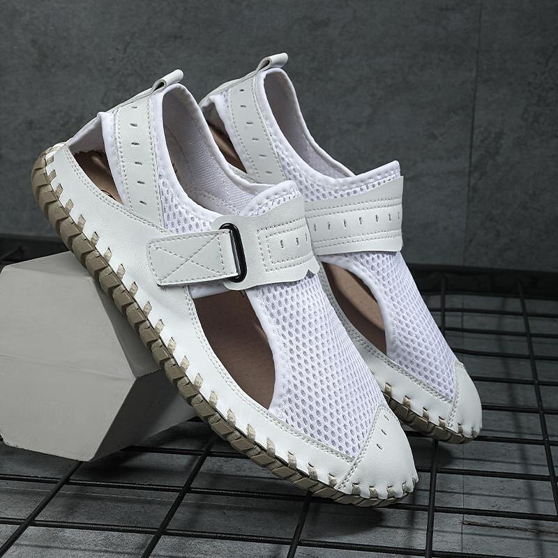 Men's Breathable Mesh Leather Sandals – Casual Hook and Loop Outdoor Fisherman Shoes for Summer Walking and Beach Travel