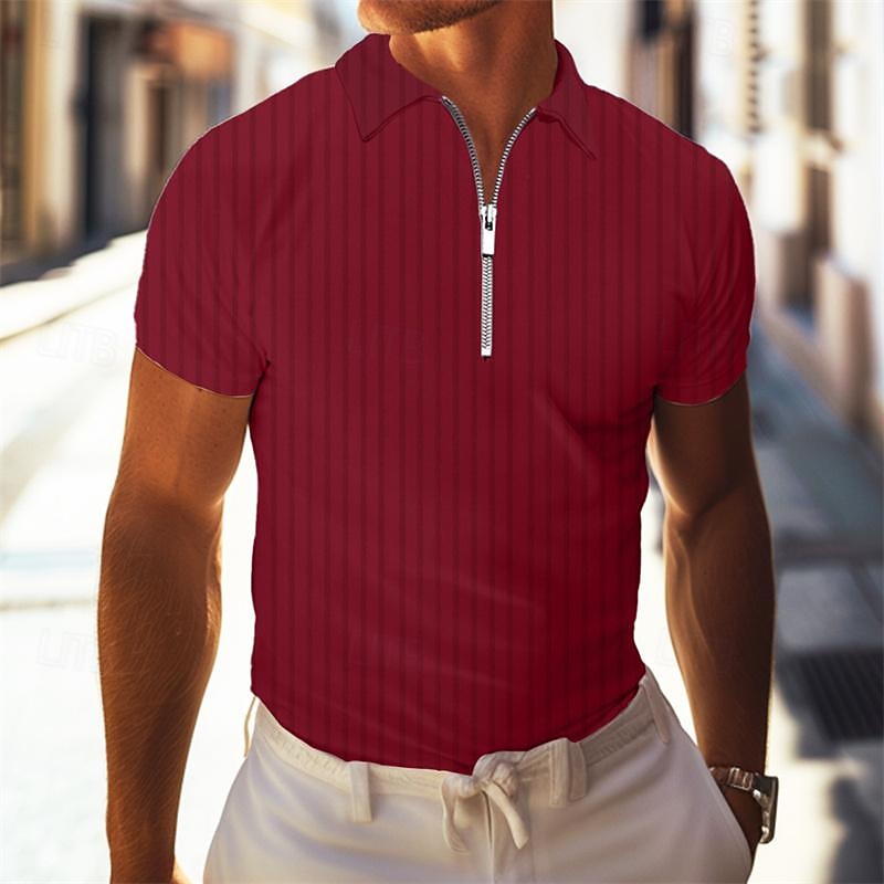 Men's Quarter Zip Polo Golf Shirt Daily Holiday Turndown Short Sleeve Fashion Basic Stripes Spring & Summer Regular Fit Red Khaki Light Sky Blue Gray Quarter Zip Polo3
