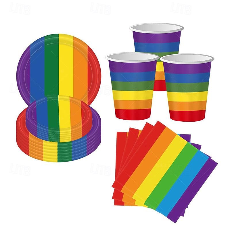LGBT June Rainbow Party Disposable Paper Plate Set Colorful Stripe Party Disposable Tableware2