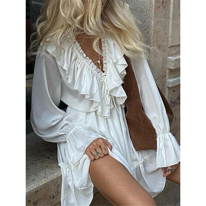 Women's White Dress Mini Dress Ruffle Date Vacation Streetwear Casual V Neck Long Sleeve White Color4