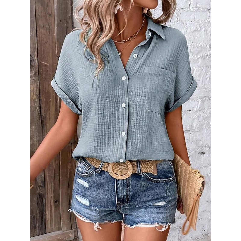 Women's Blouse V-Neck Button-Up Textured Pattern Casual Short Sleeve Summer Top Faded Blue Regular Fit Lightweight Breathable