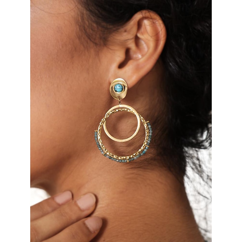 Women's Turquoise Beaded Hoop Earrings - Elegant Gold-Tone Drop Dangle Jewelry