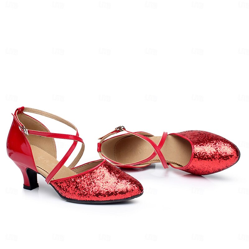 Women's Modern Dance Shoes Ballroom Dance Waltz Square Dance Plus Size Heel Cuban Heel Buckle Adults' Black Silver Red3