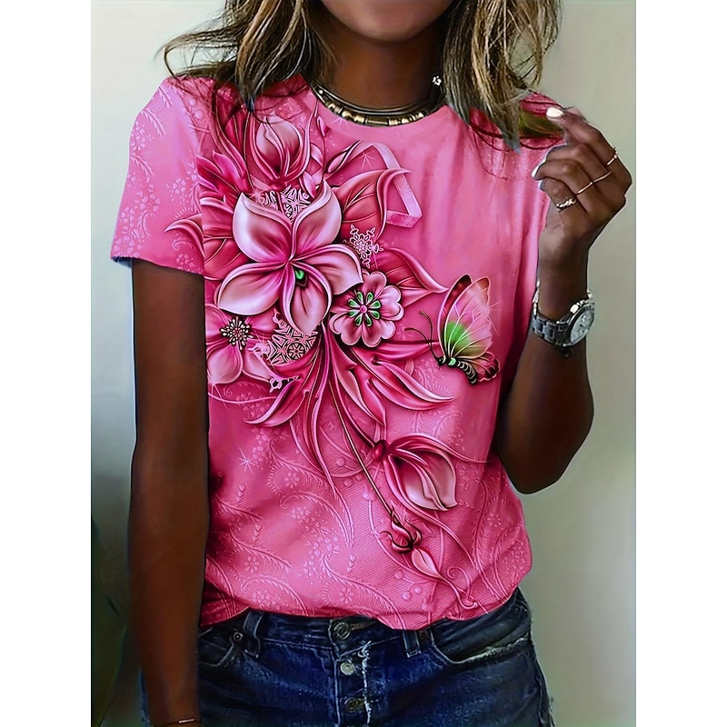 Women's T-shirt Floral Crew Neck Short Sleeve 3D Butterfly Print Elegant Casual Wear Spring Summer Comfort Fit Purple Multisize Fashion Top4
