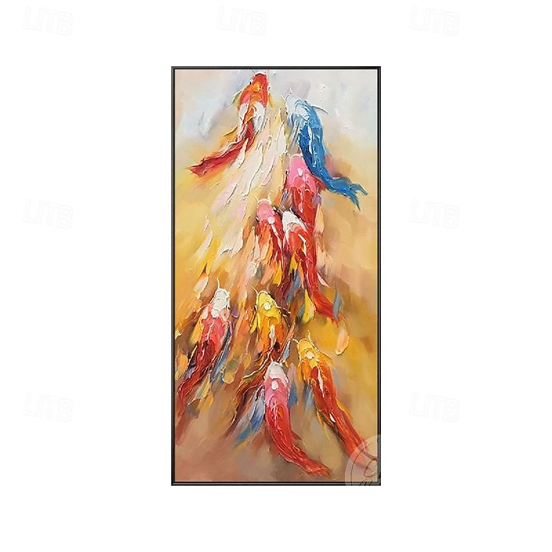 Fancy 9 Koi Fish oil painting  handmade Gold Abstract wall art painting hand painted Fengshui Oil Painting Orange Blue Red fish painting handmade Heavy texture palette knife Acrylic painting for decor