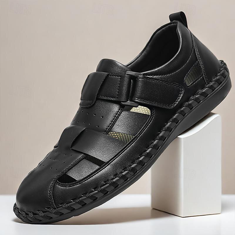 Men's Sandals Fishermen sandals Casual Beach Leather Breathable Comfortable Slip Resistant Magic Tape Buckle Black Coffee