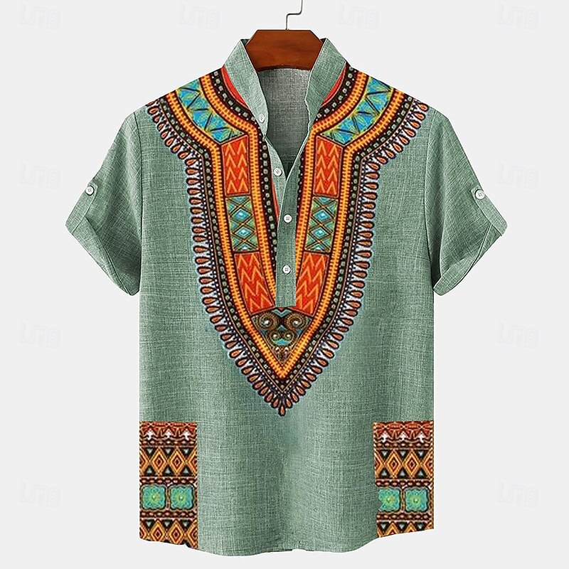 Men's Linen Shirt Henley Shirt Retro Shirts Vintage Shirt Ethnic Shirt Ethnic Vacation Daily Blue Green Khaki Short Sleeve Mandarin Collar Summer Spring Clothing Apparel Print4
