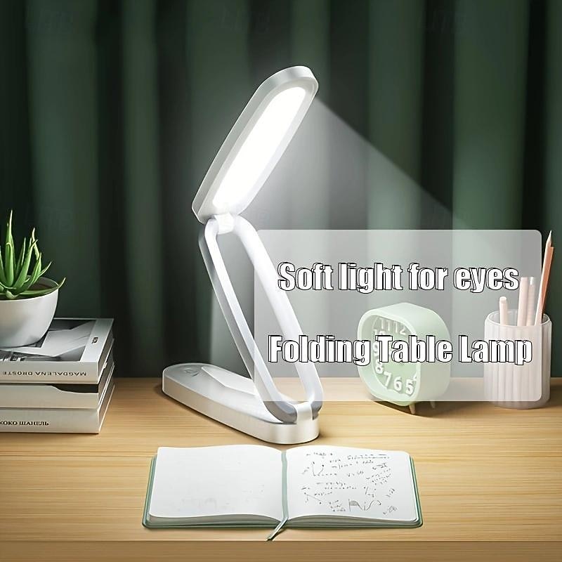 Modern Style LED Table Lamp, Foldable Reading Light with Touch Control, USB Desk Lamp with 3-Level Dimmable Brightness, Rechargeable Lithium Battery, Polished Plastic Finish - Portable Wireless