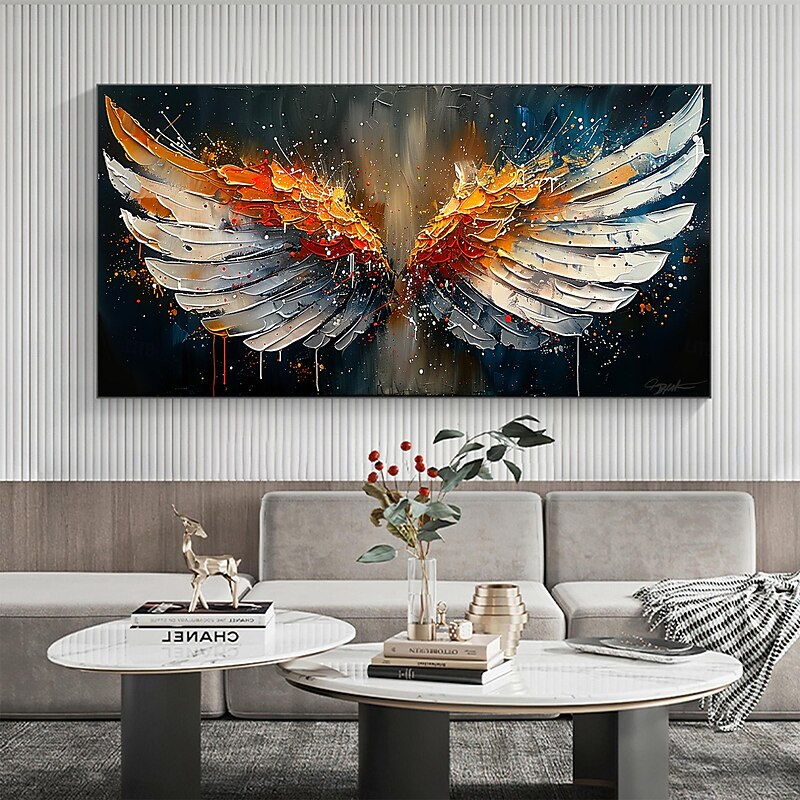 Handmade Oil Painting Canvas Wall Art Decor Original Colorful Wings Painting Abstract Feather Painting Home Decor With Stretched Frame Painting Without Inner Frame Painting