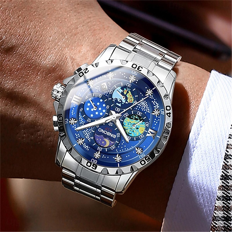 BINBOND Men Quartz Watch Fashion Business Wristwatch Moon phase Luminous Calendar Waterproof Steel Watch3