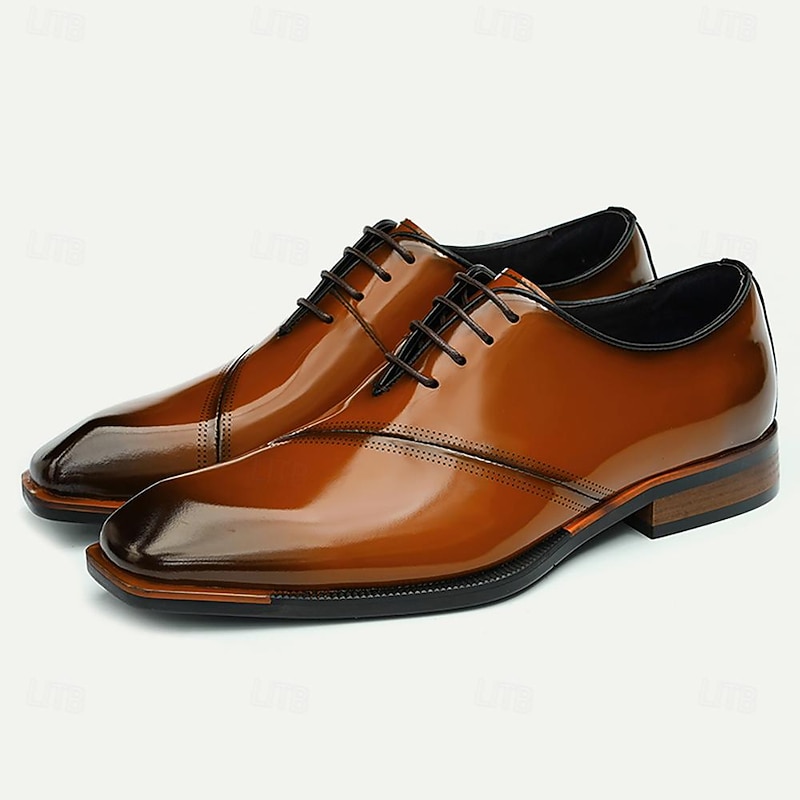 Elegant Men's Cognac Patent Leather Oxford Shoes with Lace-Up Detail - Perfect for Formal Occasions2