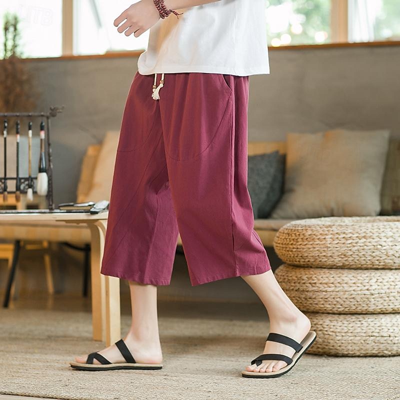 Men's Linen Pants Harem Pants Capri Pants Pocket Solid Colored Sports Calf-Length Work Casual Casual Loose Fit Black Wine Inelastic
