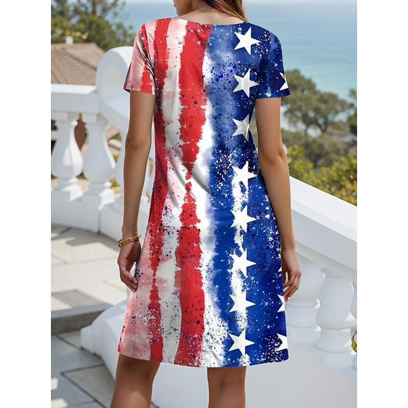 Women's Patriotic  Dress Mini Dress Casual Dress Petite Dress T Shirt Dress Casual Vacation Birthday Casual Loose Fit Flag Red White And Blue Short Sleeve V Neck2
