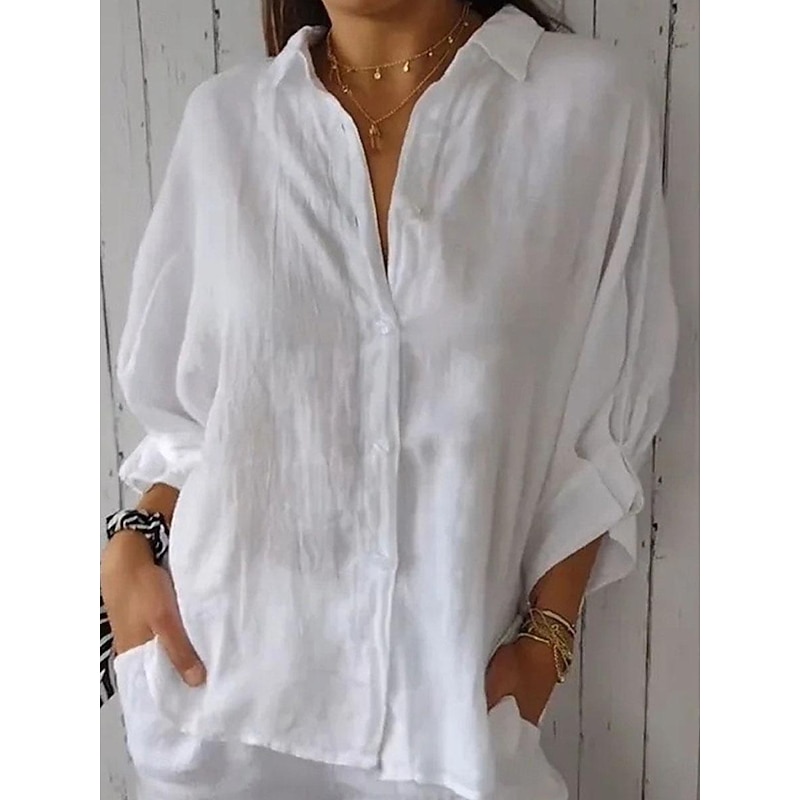 Women's Shirt Cotton Linen Shirts Button Up Blouse Plain Basic Modern Shirt Collar Street Daily Buttons Black White Pink Army Green Summer4