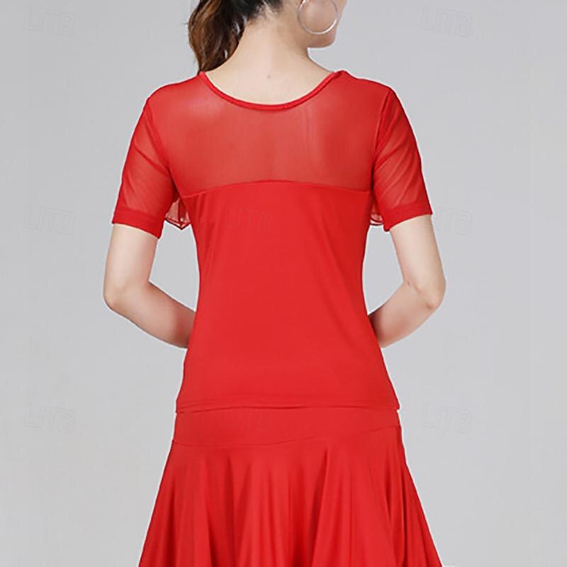 Latin Dance Ballroom Dance Top Pure Color Ruffle Splicing Women's Performance Training Short Sleeve High Polyester3