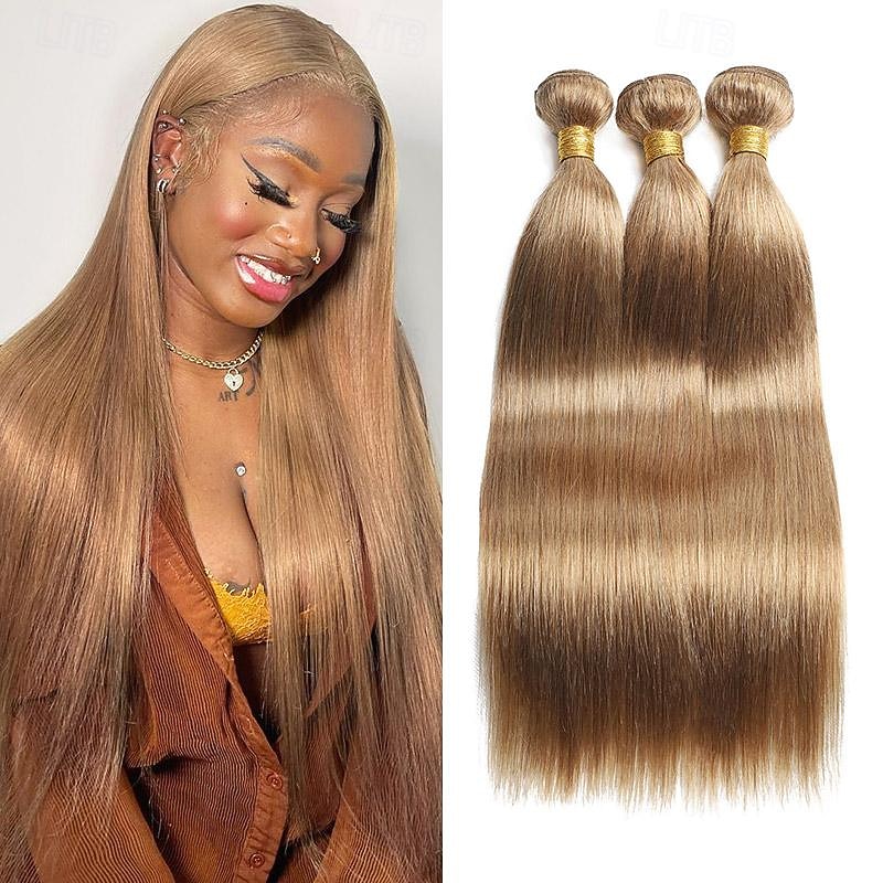 #27 Honey Blonde Human Hair Extensions Remy Hair Weave Pre-Colored Brazilian #27 Straight Bundles Hair Weaving 3PCS