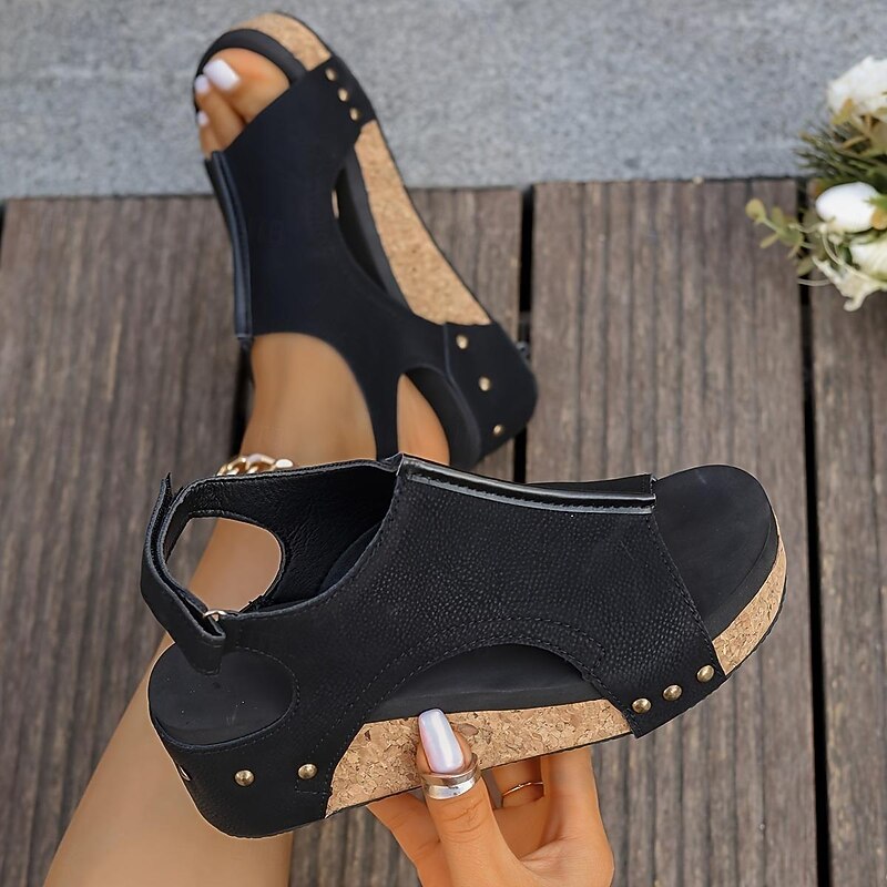 Women's Platform Wedge Sandals Peep Toe Hook & Loop Slingback Shoes Wood Grain Sole Sandals Beige Brown Black Sandals 20