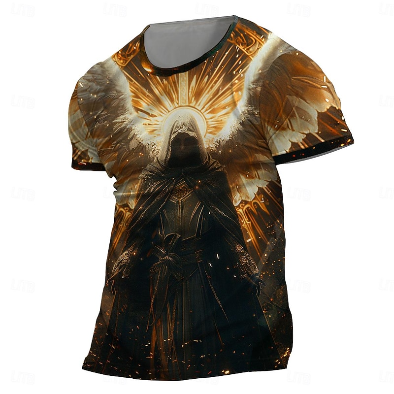 Men's Graphic Animal Lion Wings Templar Cross T Shirt T shirt 3D Print Crew Neck Shirt Fashion Religious Athleisure Street Sports Outdoor Black Gold Summer Spring Clothing Apparel S M L XL XXL XXXL